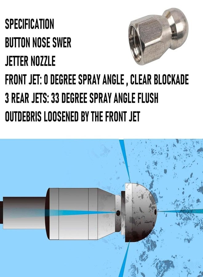 Xiny Tool Sewer Jetter Kit for Pressure Washer 50FT, 4000 PSI Drain Cleaner Hose 1/4 Inch NPT, Corner Rotating and Button Hose Sewer Jetting Nozzle Pearl Corsage Pin Tape Handle Strap Spanner, Blue - Image 4
