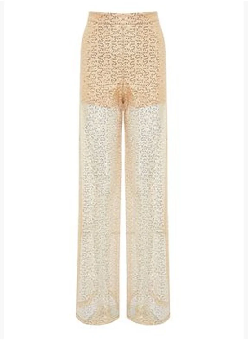 trendyol Beige Wide Leg Sequined Mesh Trousers