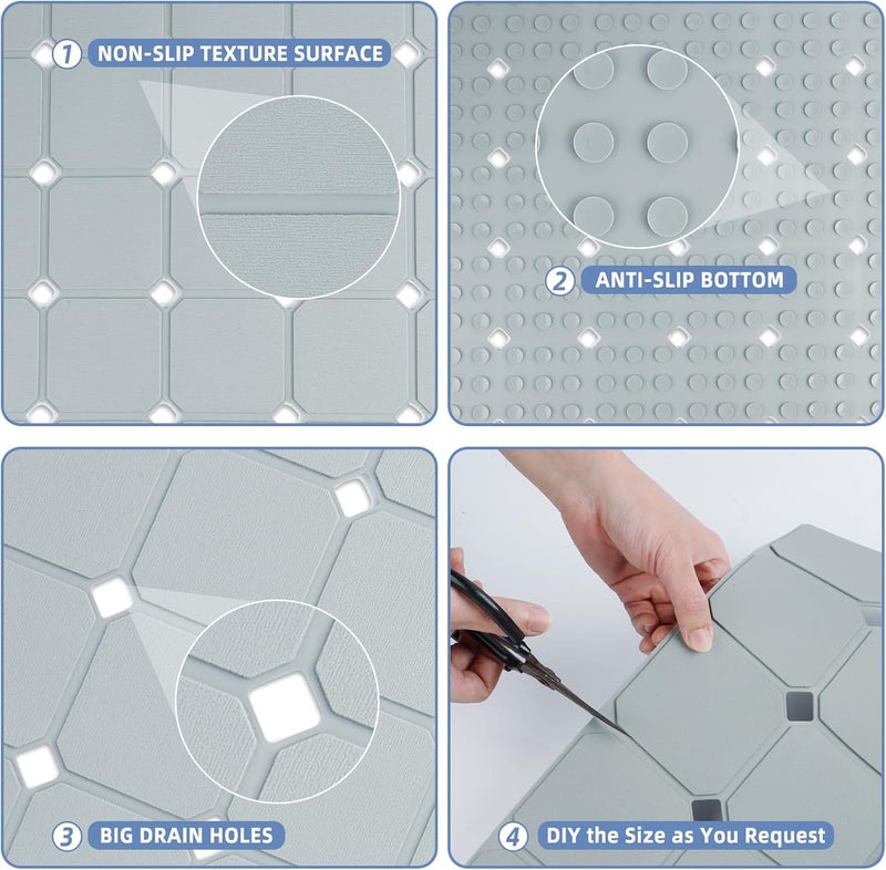 MeimeiDe Shower Mat Non Slip 21"x21" Silicone Foldable Bath Mat with Suction Cups & Drain Holes, Odorless, Eco-Friendly & Durable, Machine Washable Shower Stall Mat for Adults, Seniors Grey - Image 5