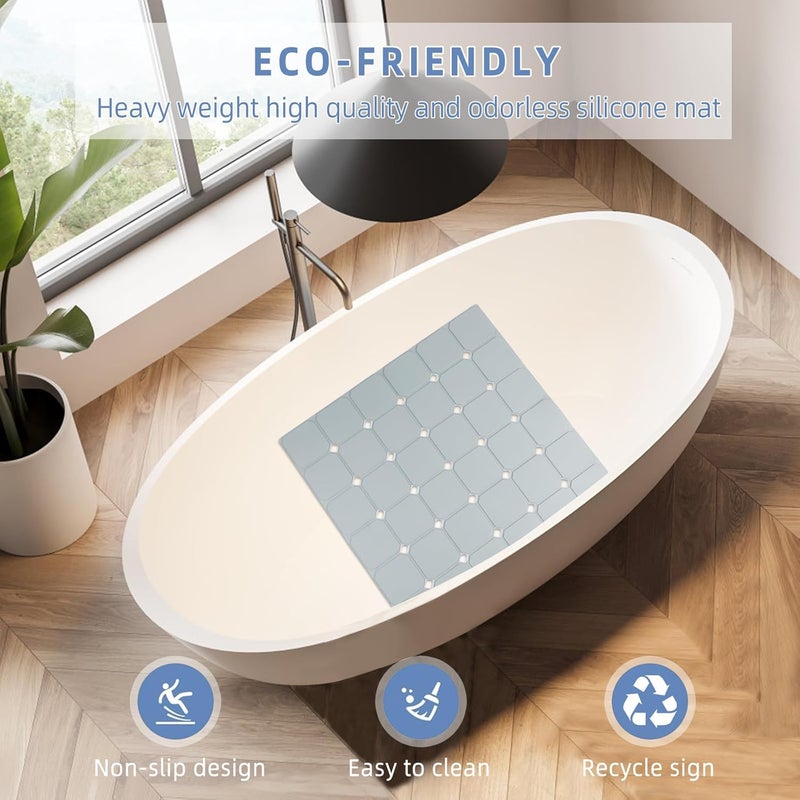 MeimeiDe Shower Mat Non Slip 21"x21" Silicone Foldable Bath Mat with Suction Cups & Drain Holes, Odorless, Eco-Friendly & Durable, Machine Washable Shower Stall Mat for Adults, Seniors Grey - Image 2