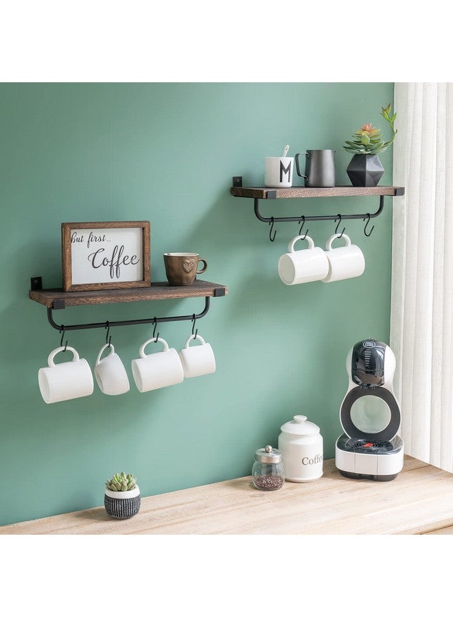 Mkono Mug Holder Wall Mounted Coffee Mug Rack Set of 2 Rustic Floating Shelf for Coffee Bar Accessories Wood Tea Cup Hooks Hanger for Organizing Cooking Utensils, Home Kitchen Decor, Brown - Image 2