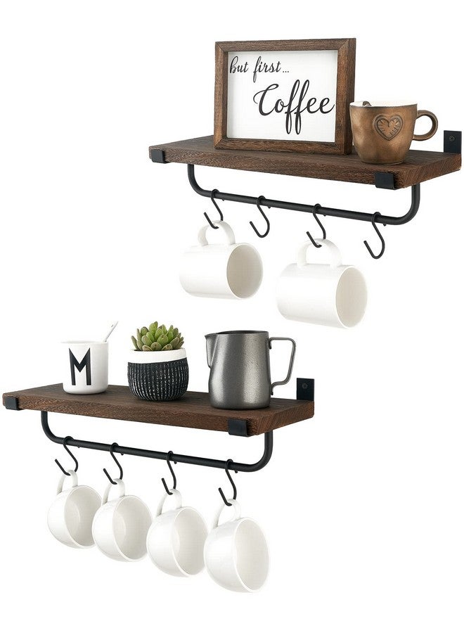Mkono Mug Holder Wall Mounted Coffee Mug Rack Set of 2 Rustic Floating Shelf for Coffee Bar Accessories Wood Tea Cup Hooks Hanger for Organizing Cooking Utensils, Home Kitchen Decor, Brown - Image 1