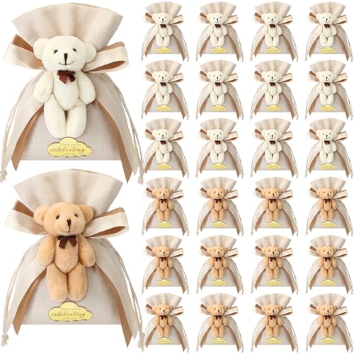 Shinylin 24 Pcs Bear Gift Bag Bulk for Baby Shower Guest Favor 53 x 71 Inches Candy Cute Plush Bear Drawstring Bag with Bow Thank You Acrylic Sign for Baby Boy Girl Party DecorationsBeige - Image 1
