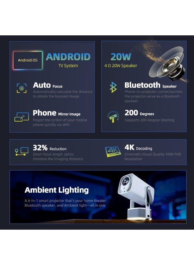 أون جهاز عرض يدعم دقة 4K، مزود بتقنية بلوتوث وواي فاي، ومكبر صوت بقوة 20 واط، وسطوع 650 ANSI، ونظام تشغيل أندرويد، وإمكانية الدوران 200 درجة، وضبط تلقائي للصورة. - Image 3
