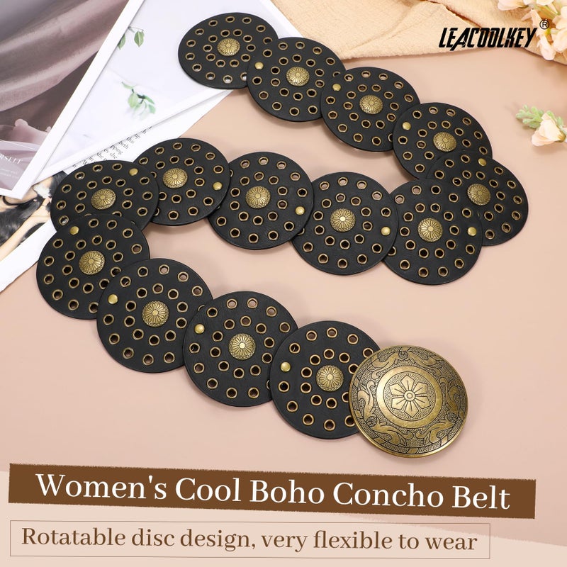 LEACOOLKEY Women's Boho Disc Belt Wide Western Leather Belt Vintage Concho Waist Belts for Dress Jeans - Image 2