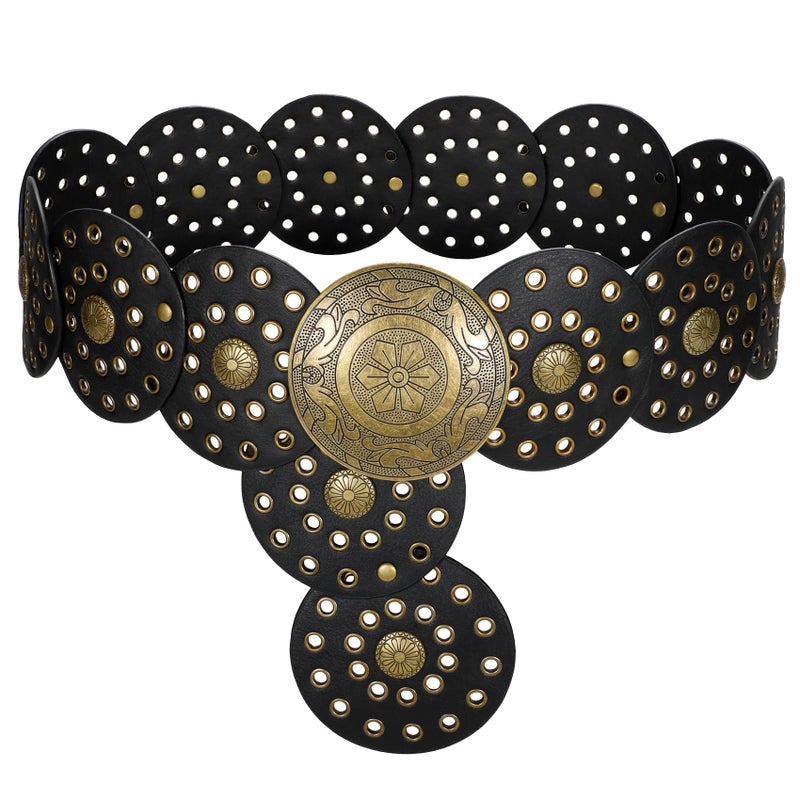 LEACOOLKEY Women's Boho Disc Belt Wide Western Leather Belt Vintage Concho Waist Belts for Dress Jeans - Image 1