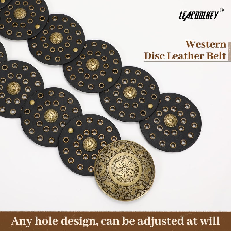 LEACOOLKEY Women's Boho Disc Belt Wide Western Leather Belt Vintage Concho Waist Belts for Dress Jeans - Image 3