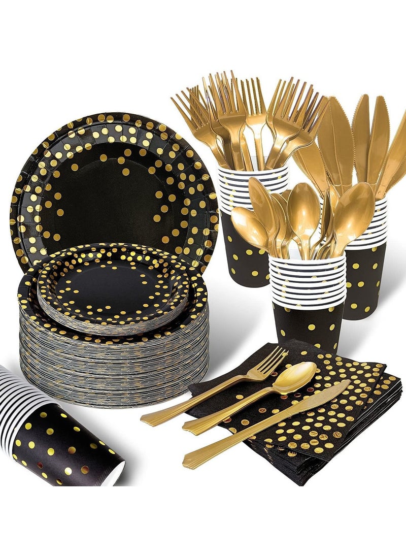 SYOSI Disposable Party Dinnerware Set, Black and Gold Supplies, Plastic Forks Knives Spoons and Golden Dot Paper Plates, Napkins Cups for Graduation, Birthday, and Wedding 175PCS - Image 1