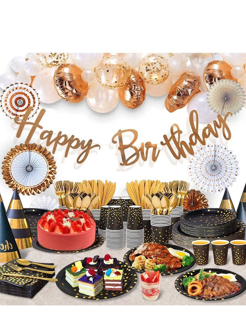 SYOSI Disposable Party Dinnerware Set, Black and Gold Supplies, Plastic Forks Knives Spoons and Golden Dot Paper Plates, Napkins Cups for Graduation, Birthday, and Wedding 175PCS - Image 4