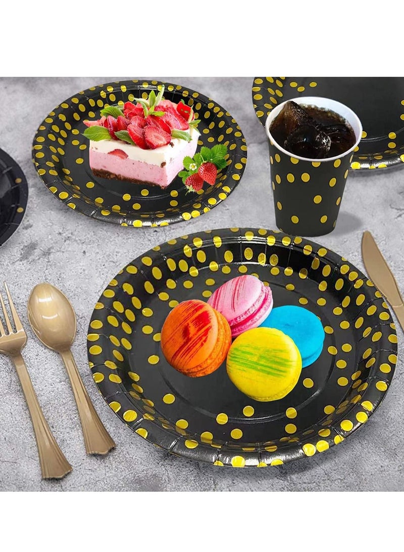 SYOSI Disposable Party Dinnerware Set, Black and Gold Supplies, Plastic Forks Knives Spoons and Golden Dot Paper Plates, Napkins Cups for Graduation, Birthday, and Wedding 175PCS - Image 3