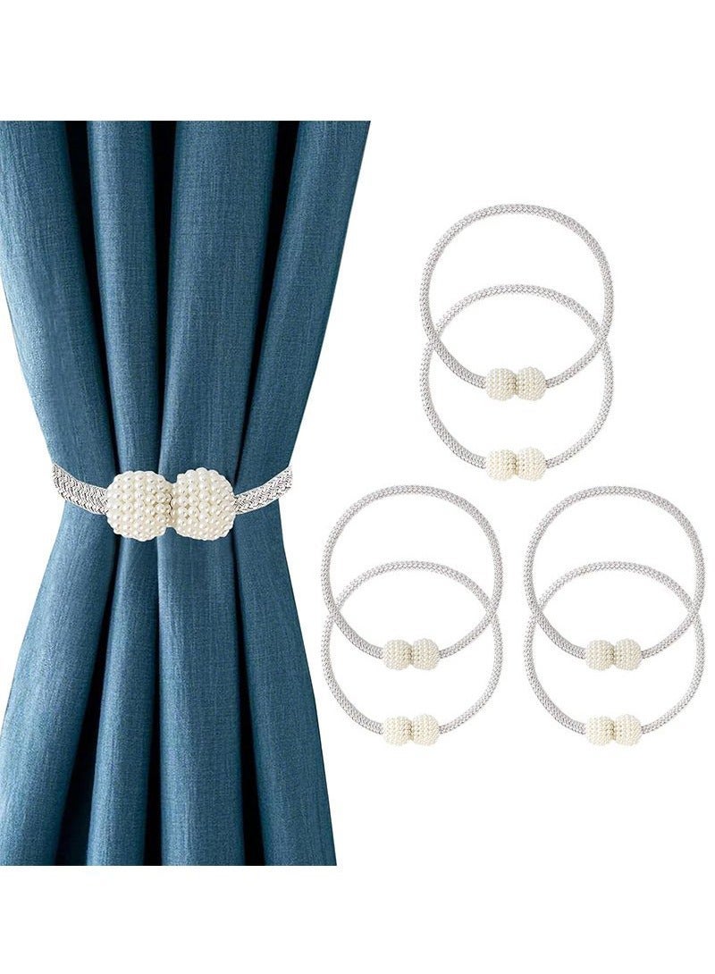 6 Piece  Magnetic Curtain Tiebacks, No Drill Holdbacks Decorative, 2 Pack Pearl Tie Backs for Drapes, 18.9 Inch Rope with Magnets, Window Treatment Accessories,Silvery. - Image 1