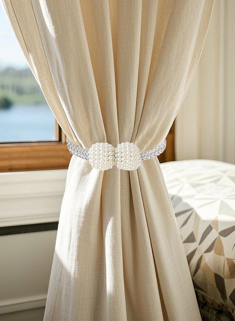 6 Piece  Magnetic Curtain Tiebacks, No Drill Holdbacks Decorative, 2 Pack Pearl Tie Backs for Drapes, 18.9 Inch Rope with Magnets, Window Treatment Accessories,Silvery. - Image 3