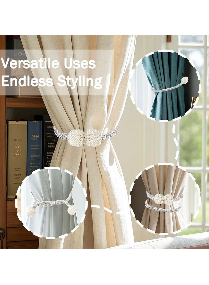 6 Piece  Magnetic Curtain Tiebacks, No Drill Holdbacks Decorative, 2 Pack Pearl Tie Backs for Drapes, 18.9 Inch Rope with Magnets, Window Treatment Accessories,Silvery. - Image 5