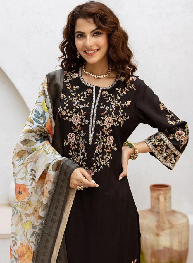 ISHIN Women's Black Muslin Embroidered Tunic Full Length Palazzo Straight Fit Kurta Set  - Image 1