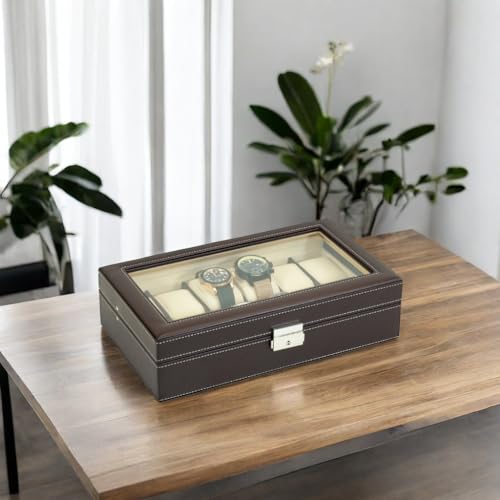 TIMELYBUYS 12 Piece Chocolate Brown Leatherette Men's Watch Box Display Case Collection Jewelry Box Storage Glass Top Father's Day - Image 5