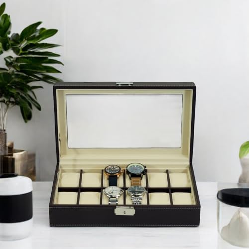 TIMELYBUYS 12 Piece Chocolate Brown Leatherette Men's Watch Box Display Case Collection Jewelry Box Storage Glass Top Father's Day - Image 4