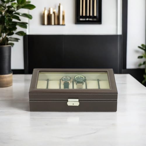 TIMELYBUYS 12 Piece Chocolate Brown Leatherette Men's Watch Box Display Case Collection Jewelry Box Storage Glass Top Father's Day - Image 3