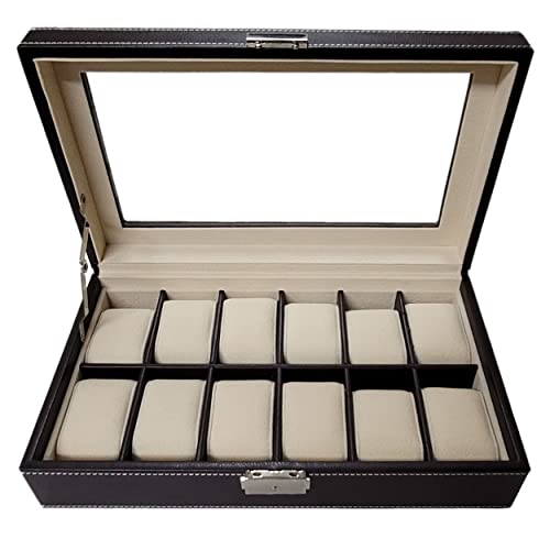 TIMELYBUYS 12 Piece Chocolate Brown Leatherette Men's Watch Box Display Case Collection Jewelry Box Storage Glass Top Father's Day - Image 1