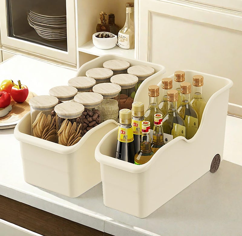House of Quirk Storage Bins for Pantry and Kitchen Cabinet Organizer With Wheel - Multi-Purpose Basket for Kitchen, Bathroom Large (Pack of 1, Cream) - Image 4