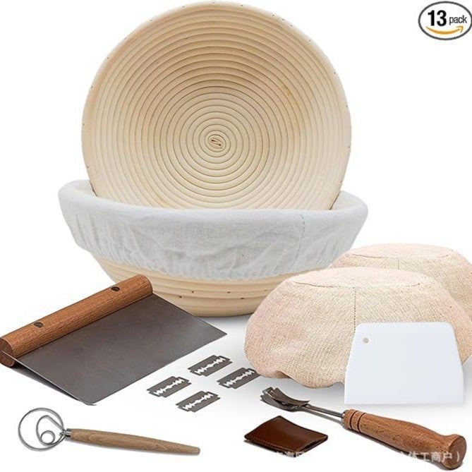 Rattan Banneton Proofing Basket Set with Scraper, Dough Whisk, Bread Lame, Brush - Bread Making Tool Kit