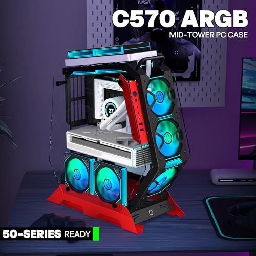 KEDIERS PC Case C570 ATX Mid Tower Tempered Glass Gaming Computer Open Frame Case with 7 PWM ARGB Fans (Pink) (red) - Image 2