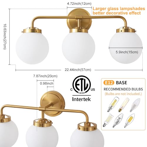 Deyidn Gold Bathroom Vanity Light Fixtures Over Mirror, 22.4'' Modern Brass 3 Lights Wall Sconce with Milky Glass Ball Shade, Mid Century Farmhouse Vanity Lighting - Image 2