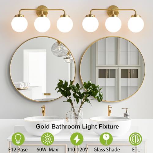 Deyidn Gold Bathroom Vanity Light Fixtures Over Mirror, 22.4'' Modern Brass 3 Lights Wall Sconce with Milky Glass Ball Shade, Mid Century Farmhouse Vanity Lighting - Image 3