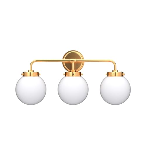 Deyidn Gold Bathroom Vanity Light Fixtures Over Mirror, 22.4'' Modern Brass 3 Lights Wall Sconce with Milky Glass Ball Shade, Mid Century Farmhouse Vanity Lighting - Image 4