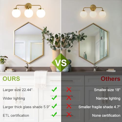Deyidn Gold Bathroom Vanity Light Fixtures Over Mirror, 22.4'' Modern Brass 3 Lights Wall Sconce with Milky Glass Ball Shade, Mid Century Farmhouse Vanity Lighting - Image 5