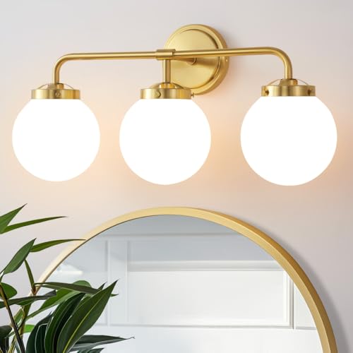 Deyidn Gold Bathroom Vanity Light Fixtures Over Mirror, 22.4'' Modern Brass 3 Lights Wall Sconce with Milky Glass Ball Shade, Mid Century Farmhouse Vanity Lighting - Image 1