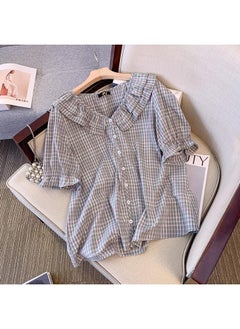 300 Jin Plus Size Women's Chubby Girl French Plaid Ruffled V-neck Short Sleeve Shirt Slim Loose New