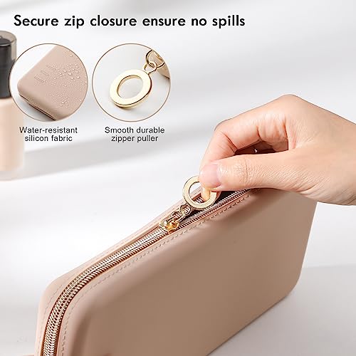 FVION Zipper Makeup Brushes Bag For Travel, Large Silicone Makeup Brush Holder, Make Up Brushes Pouch Case for Makeup Tools - Khaki - Image 5