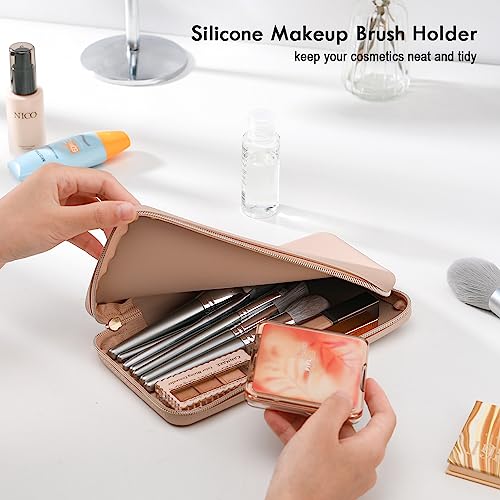 FVION Zipper Makeup Brushes Bag For Travel, Large Silicone Makeup Brush Holder, Make Up Brushes Pouch Case for Makeup Tools - Khaki - Image 4