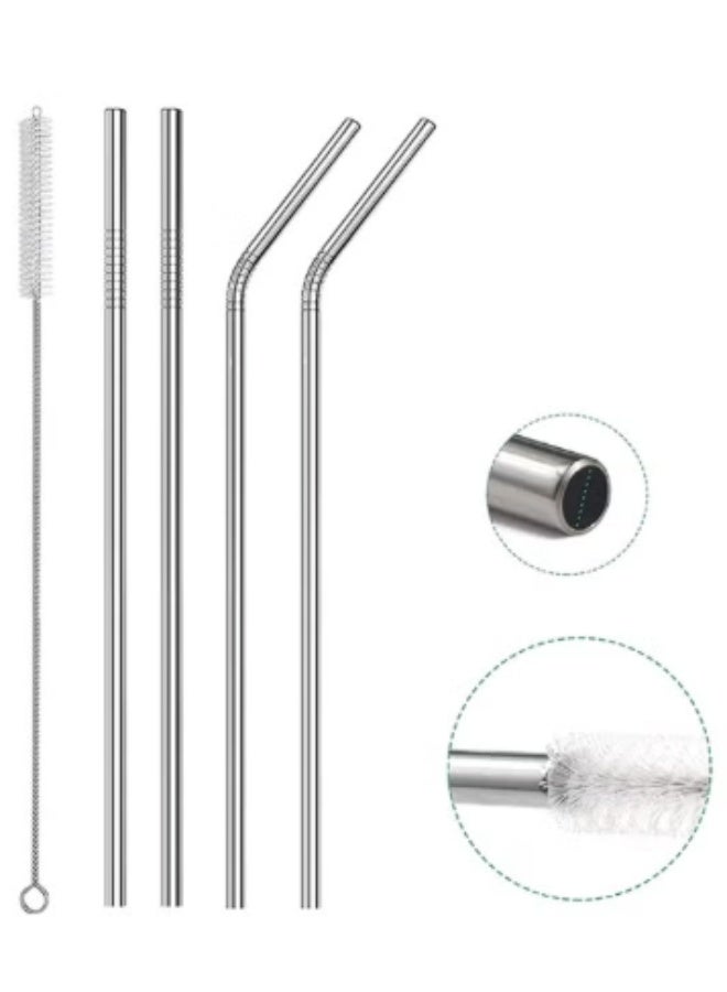 4-Piece Reusable Stainless Steel Straw Set with Cleaning Brush - Eco-Friendly Metal Drinking Tubes (2 Straight, 2 Bent) - Image 1