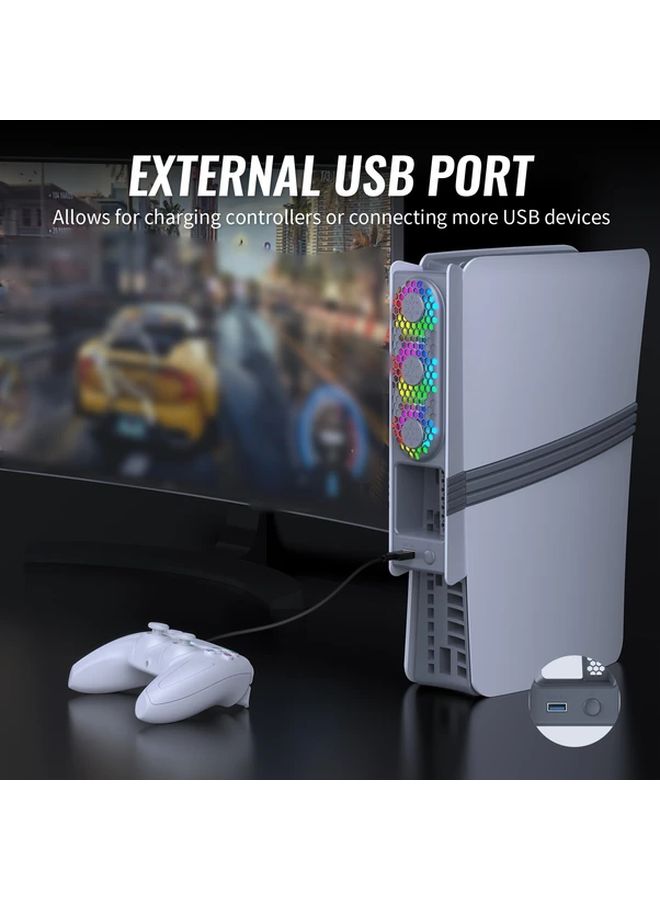 مروحة تبريد مع إضاءة RGB لأجهزة PS5 Pro وPS5 Slim (إصدار الأقراص والرقمي) - مروحة تبريد RGB هادئة مع أوضاع تدفق هواء قابلة للتعديل - مروحة بثلاث سرعات مع منفذ USB 3.0 وإضاءة RGB ديناميكية - اللون الأسود والأبيض - Image 4