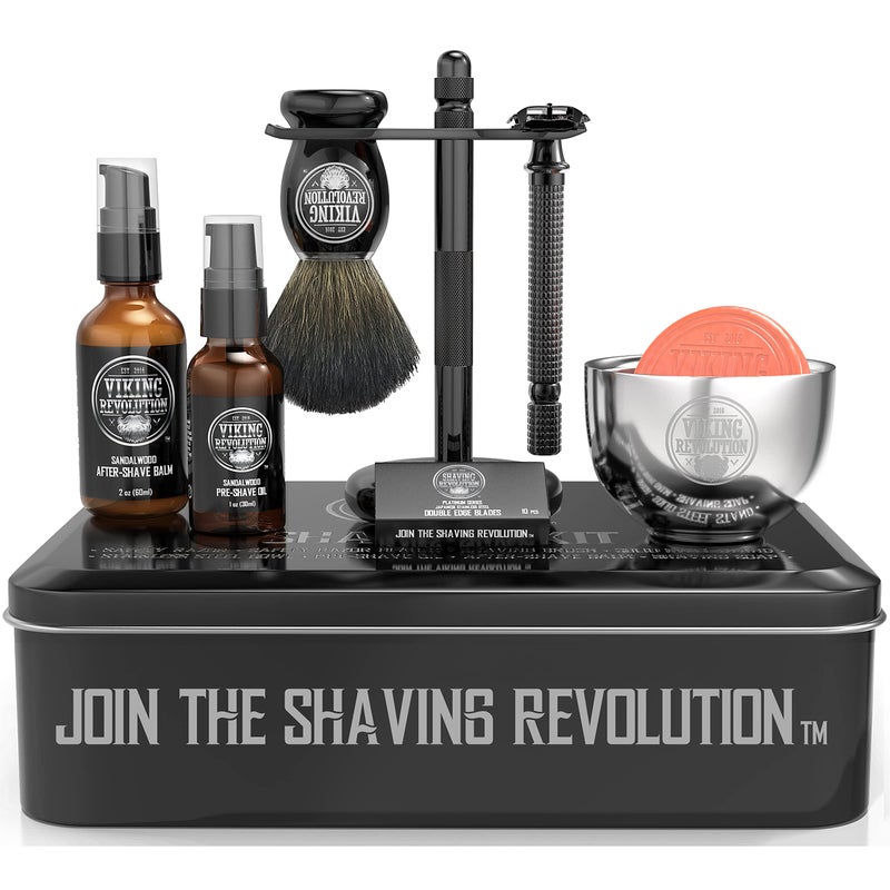 Viking Revolution Luxury Safety Razor Shaving Kit  Includes Double Edge Safety Razor Stand Bowl AfterShave Balm PreShave Oil Badger Brush  Safety Razor Kit