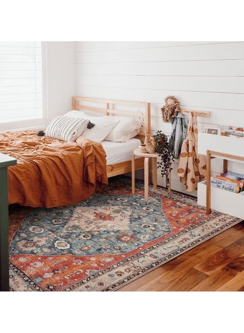 سجادة مربعة بنمط بوهو قبلي 200 × 140 سم، سجادة ناعمة لغرفة المعيشة والمطبخ والمدخل مع ظهر مطاطي، سجادة شرقية مانعة للانزلاق للاستخدام الداخلي في غرفة النوم أو غرفة الأطفال أو المكتب (صدأ/أزرق مخضر باهت، 200 × 140 سم) - Image 5