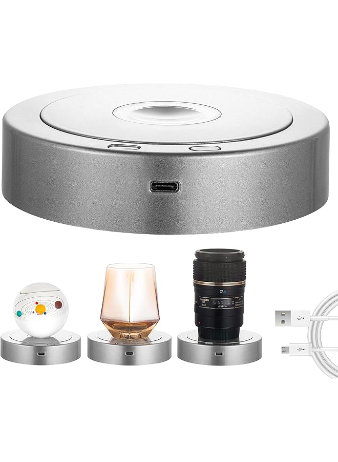 The Bros Rotating Display Stand - Spinning Display Stand with Colored Lights - Lighted LED Base for Glass Art with 4 Revolving and 8 Light Modes - Electric & Battery-Operated Platform - 5.1x1.2" (Silver) - Image 1