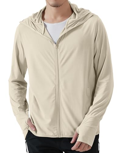 Locachy Mens UPF 50 Sun Protection Outdoor Lightweight Full Zip Hoodie Jacket Long Sleeve Fishing Hiking Performance Shirt Light Khaki S - Image 1