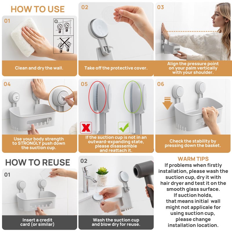 Leverloc Shower Caddy Suction Cup Set Shower Organizer & Soap Holder & Toothbrush Holder  Bathroom Shelf Basket No-Drilling  Removable Suction Storage Waterproof Bathroom Caddy  Gray - Image 5
