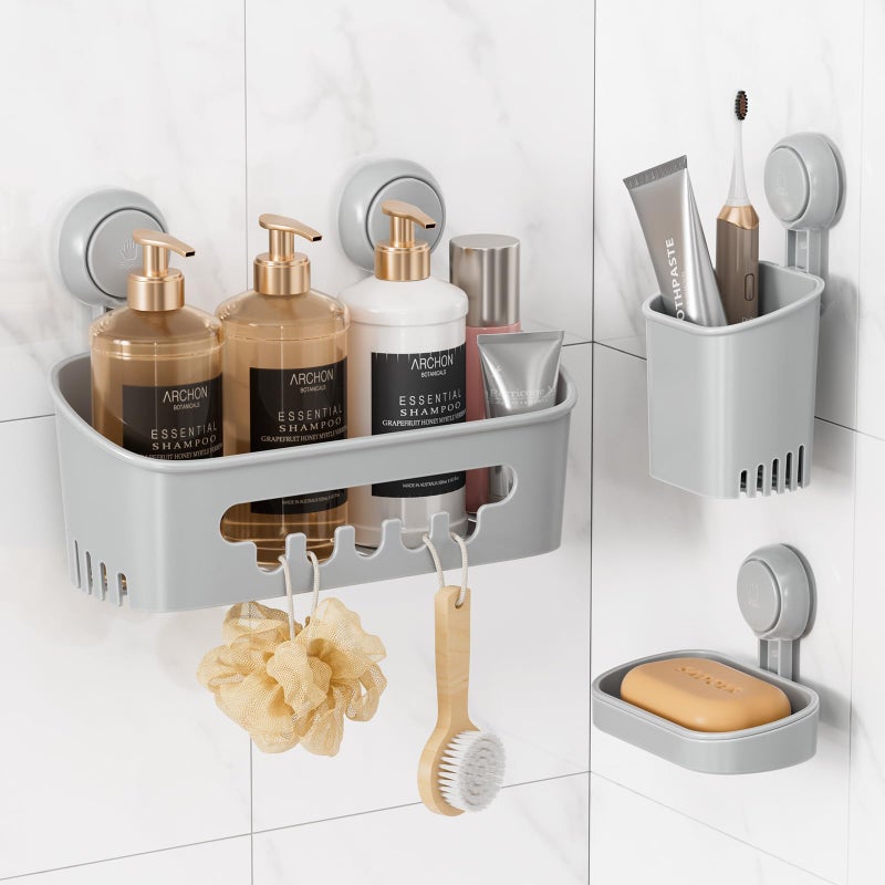 Leverloc Shower Caddy Suction Cup Set Shower Organizer & Soap Holder & Toothbrush Holder  Bathroom Shelf Basket No-Drilling  Removable Suction Storage Waterproof Bathroom Caddy  Gray - Image 1