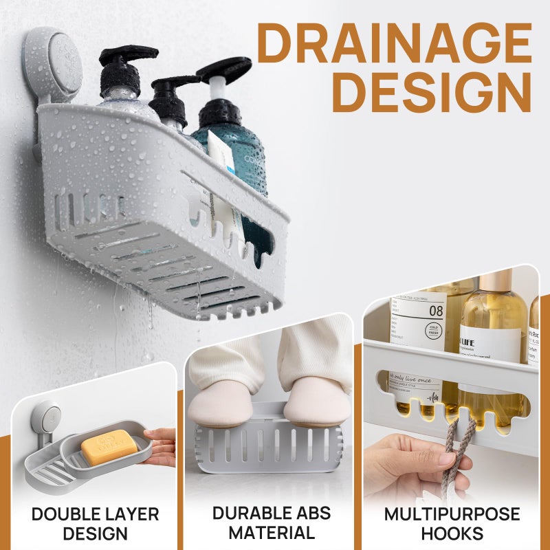 Leverloc Shower Caddy Suction Cup Set Shower Organizer & Soap Holder & Toothbrush Holder  Bathroom Shelf Basket No-Drilling  Removable Suction Storage Waterproof Bathroom Caddy  Gray - Image 4