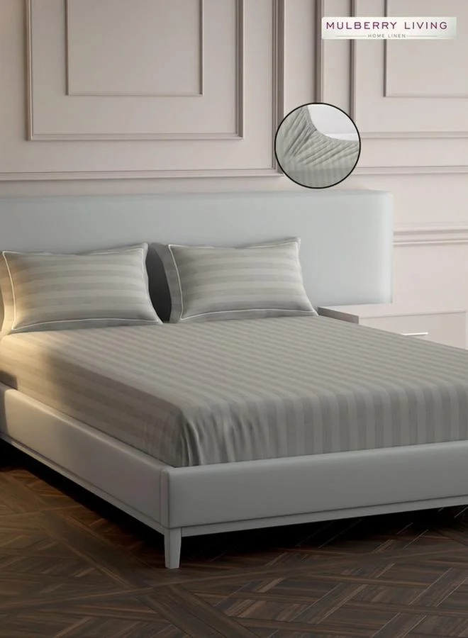 Mulberry Living 100% Cotton Queen Fitted Bedsheet With 2 Pillow Covers - 300Tc Elysian Stripes -Silver Grey
