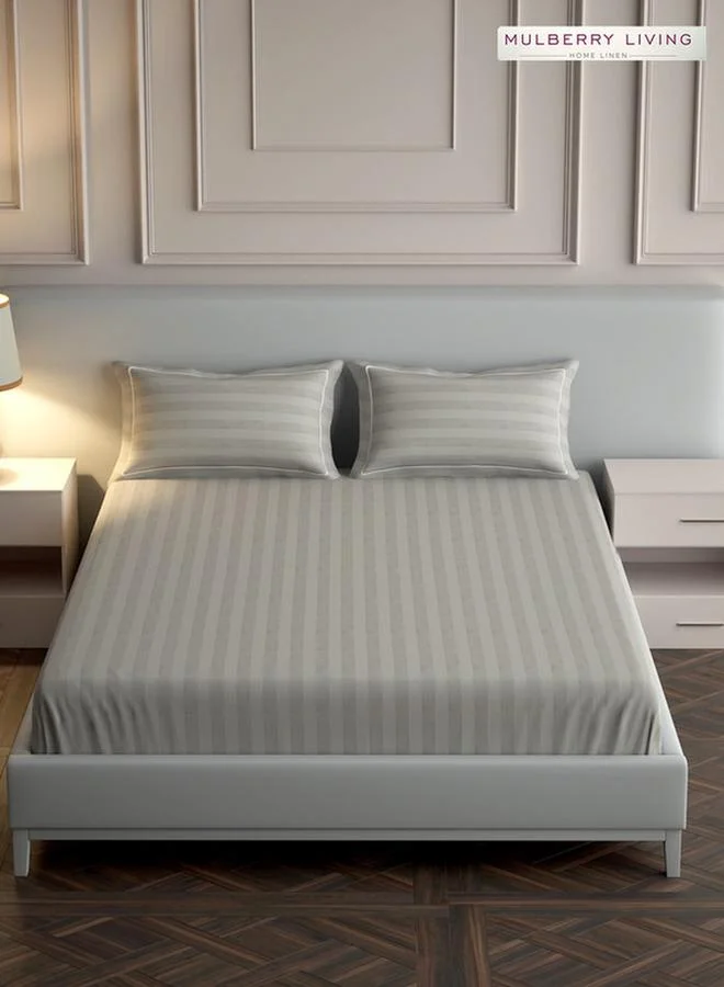 Mulberry Living 100% Cotton Queen Fitted Bedsheet With 2 Pillow Covers - 300Tc Elysian Stripes -Silver Grey