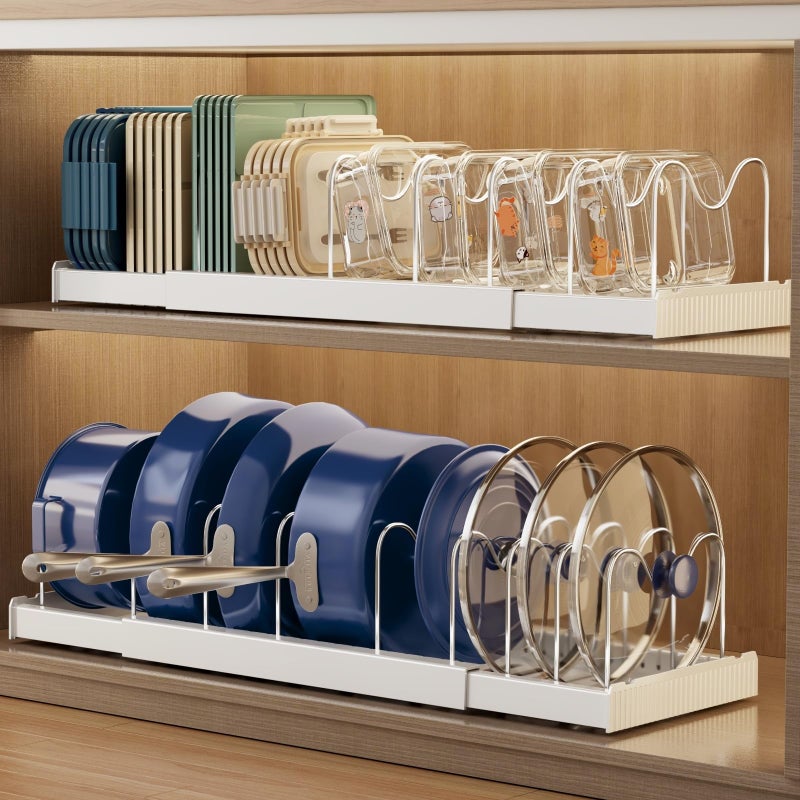 Magheo 2 Pack Expandable Food Storage Container Lid Organizers 22 Pots and Pans Organizer Under Cabinet with 9 Adjustable Dividers Pot and Pan Lid Holders Rack Inside CabinetWhite - Image 2
