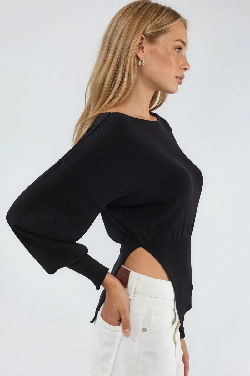 هيكاب Mercerized Look Boat Neck Knit Sweater with Slit Detail