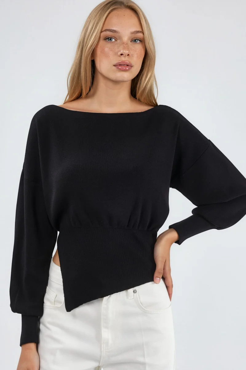 هيكاب Mercerized Look Boat Neck Knit Sweater with Slit Detail