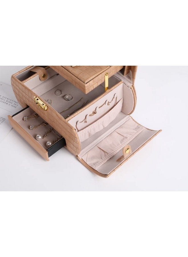 Sagrach Jewelry Box Organizer for Women Girls | 3 Layer Medium Jewellery Storage Case Lockable | PU Leather Jewel Holder for Necklace Earrings Rings Women's(1Pc, Brown Color) - Image 3