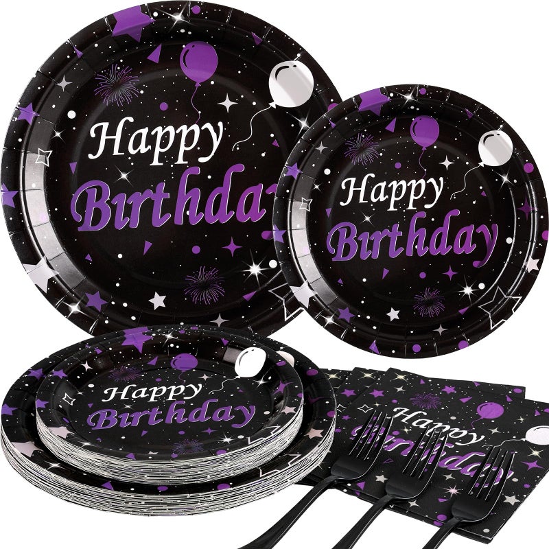 Cheery Land Purple Birthday Plates and Napkins set - Elegant Black Purple Happy Birthday Party Supplies Serve 25 Guests Happy Birthday Decorations for Women - Image 1