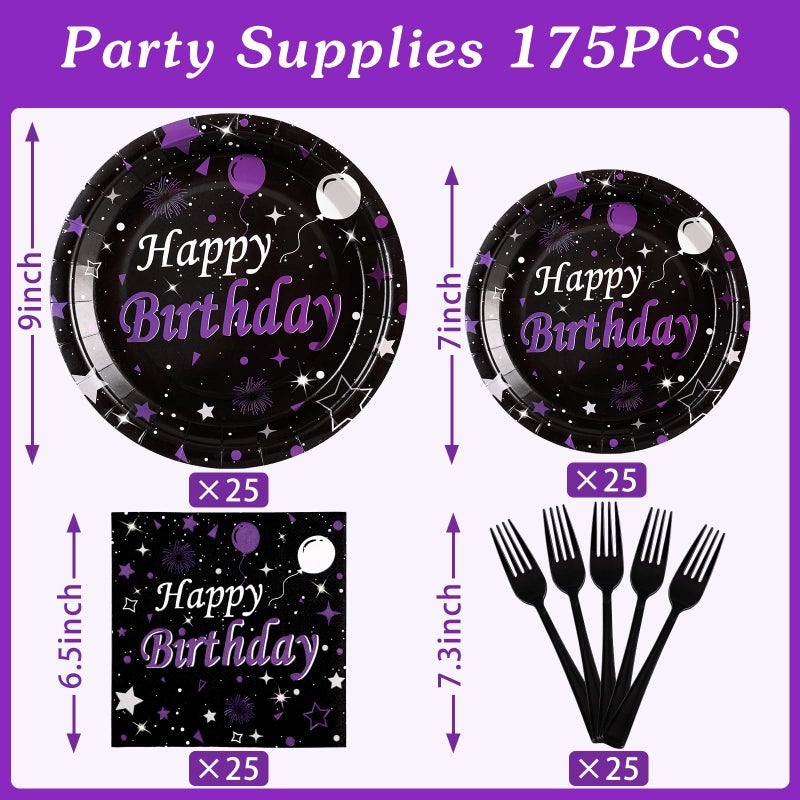 Cheery Land Purple Birthday Plates and Napkins set - Elegant Black Purple Happy Birthday Party Supplies Serve 25 Guests Happy Birthday Decorations for Women - Image 3